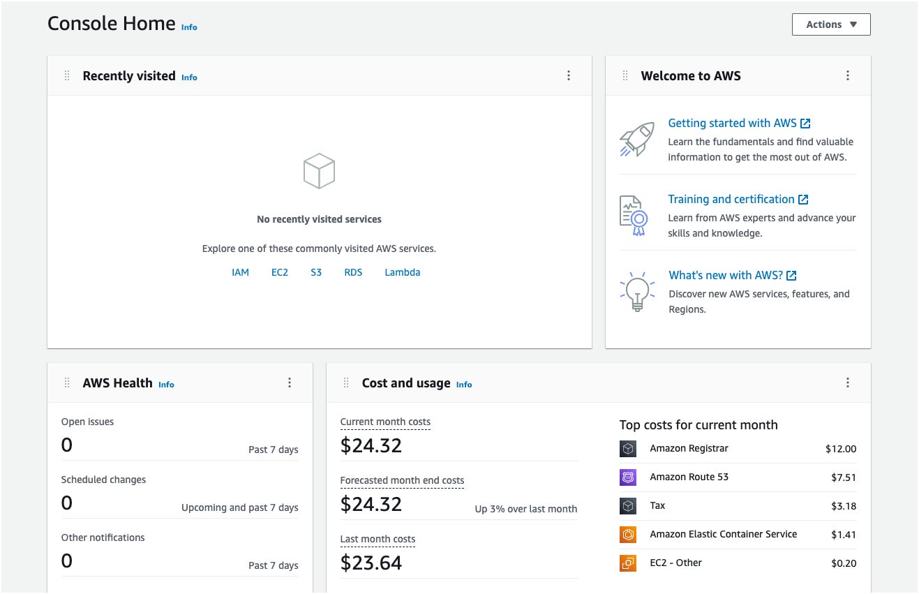 Snippet of AWS Management Console.