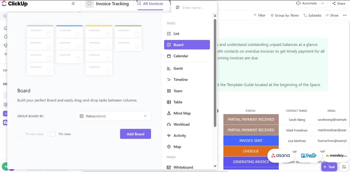 Some of ClickUp’s multiple views listed.