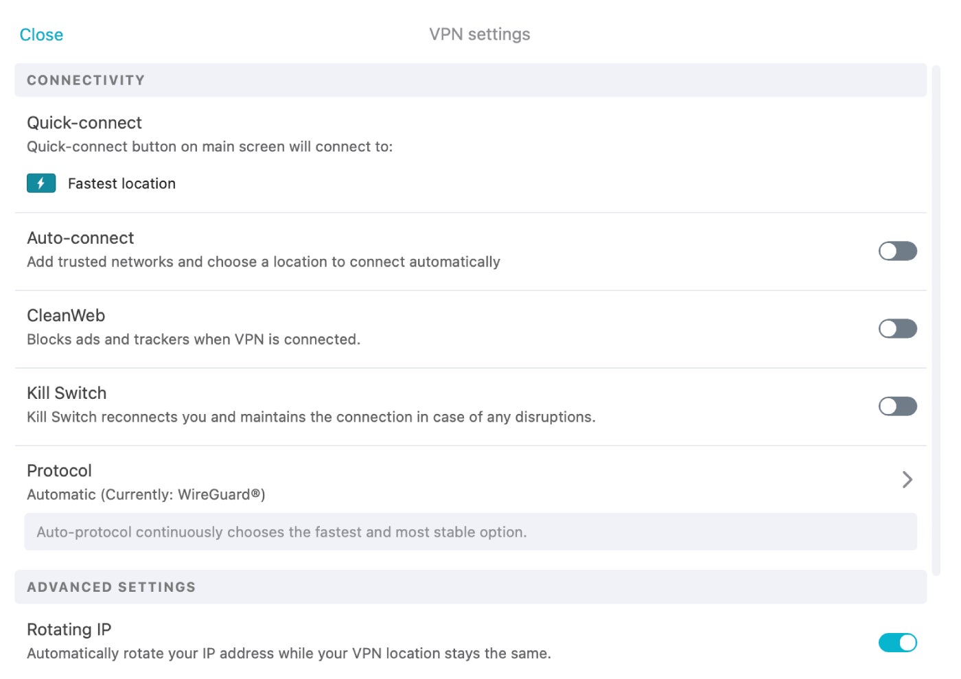 Surfshark offers multiple VPN settings to choose from, including Rotating IP.