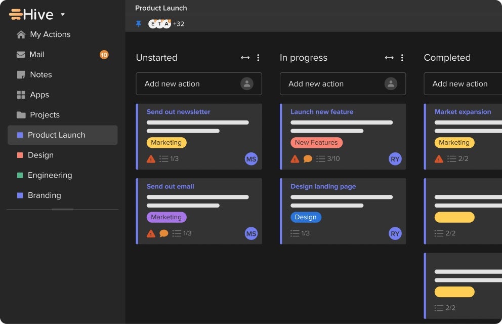 Hive dashboard in Kanban view.