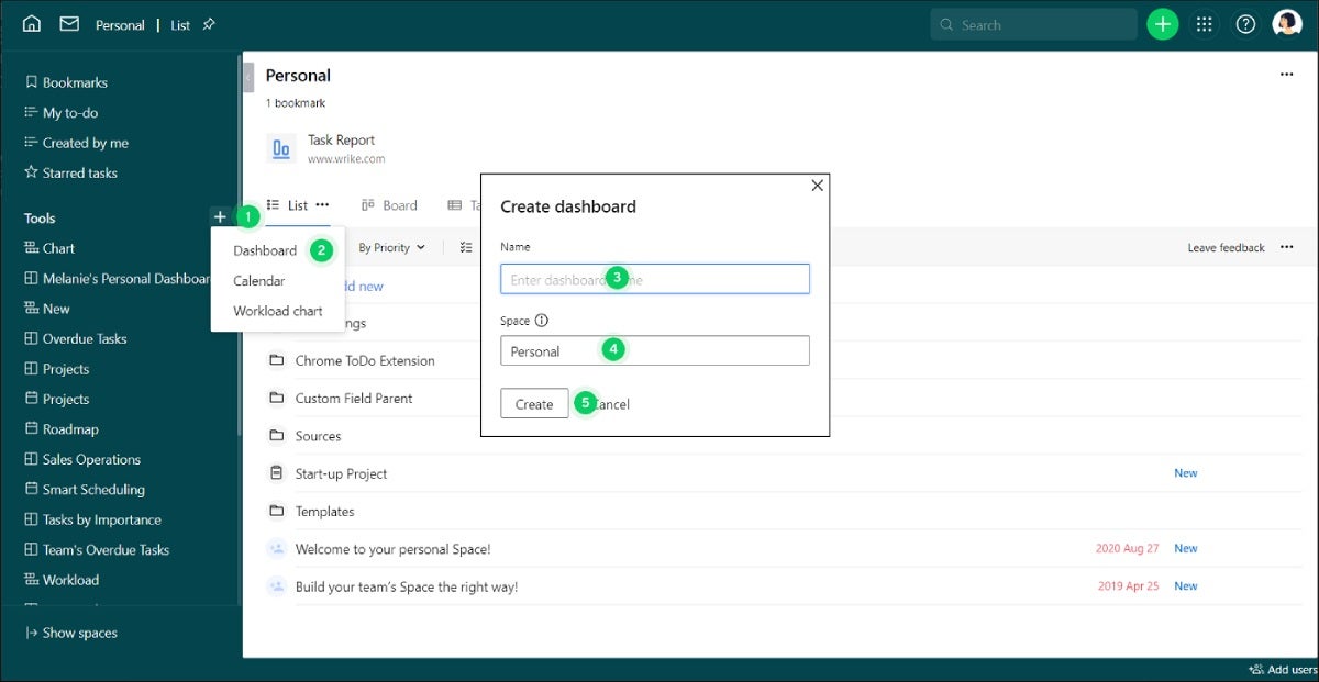 Creating project dashboard in Wrike from space tools.