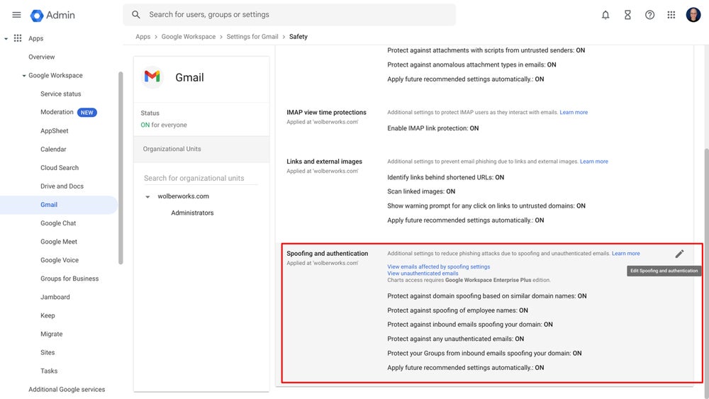 Most Workspace administrators will also want to enable additional Spoofing And Authentication options.