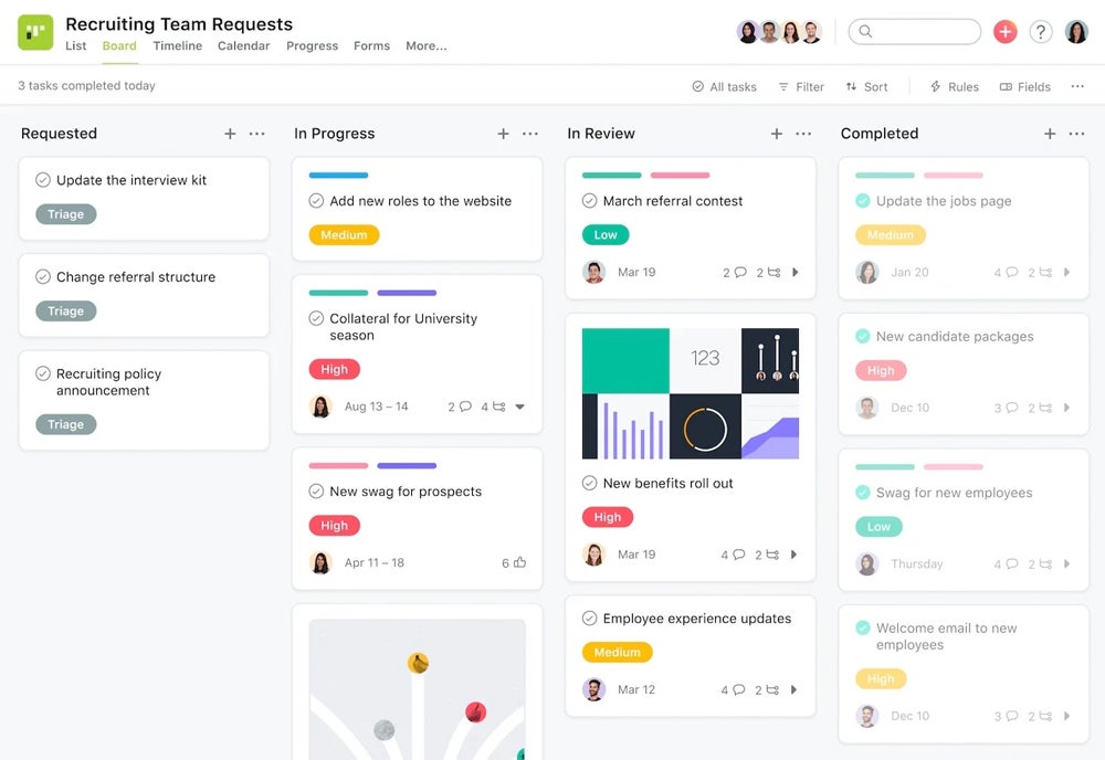 Asana’s kanban board view showing task progress.