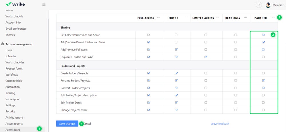 Setting role-based access permission is simple in Wrike.