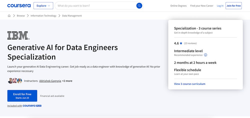 Generative AI for Data Engineers Specialization course screenshot.